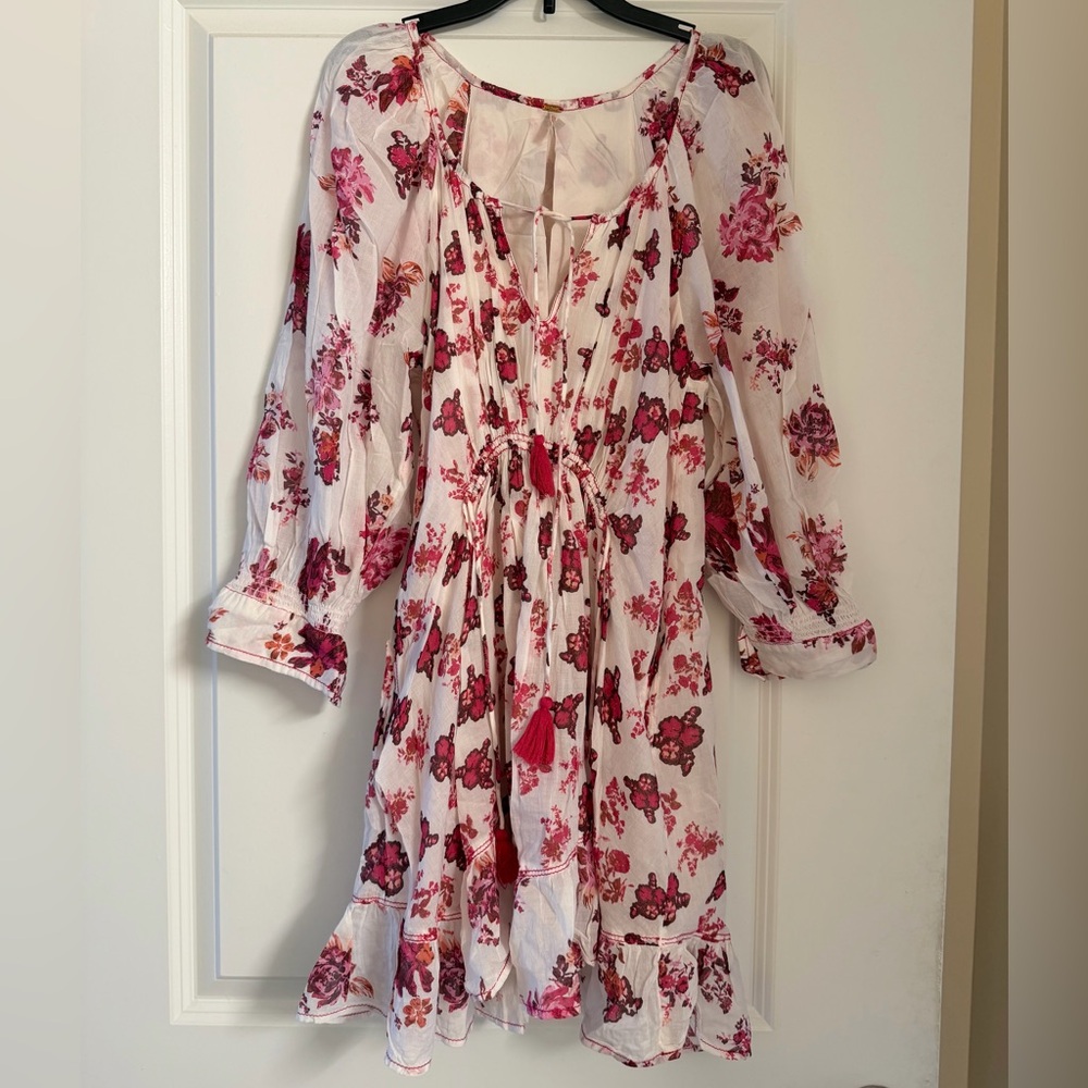Free People White Floral Boho Dress with Pink and Red Blossoms